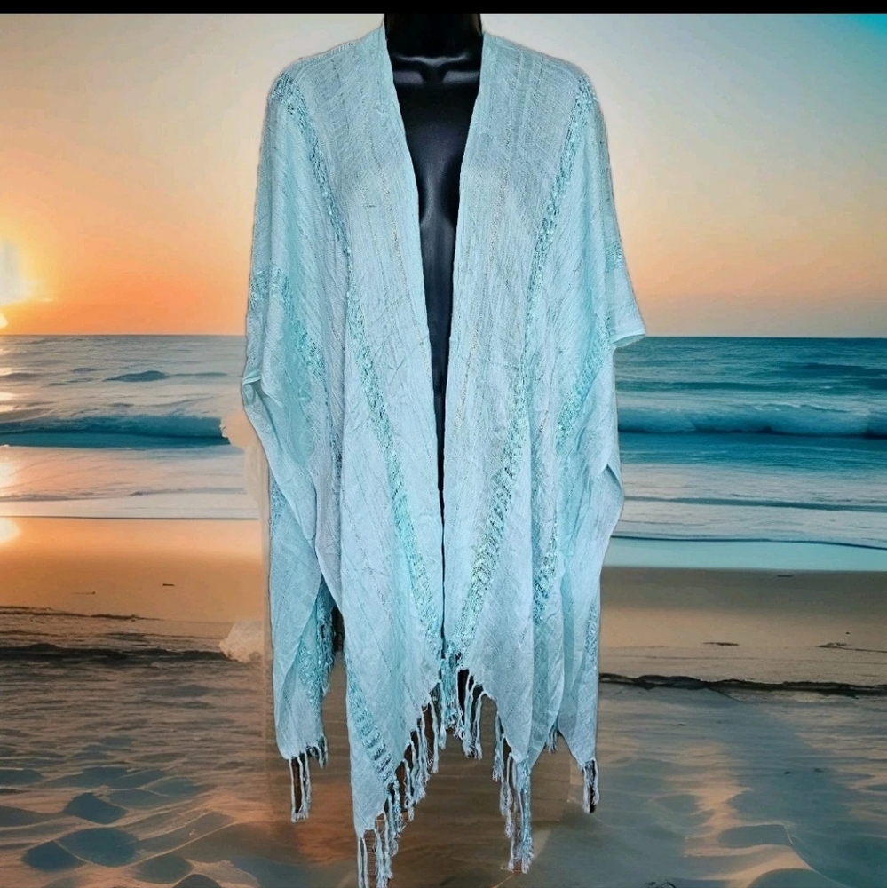 29 Palms Aqua Gauze Scarf/Shawl/Poncho/Beach Cover Split Front Fringe